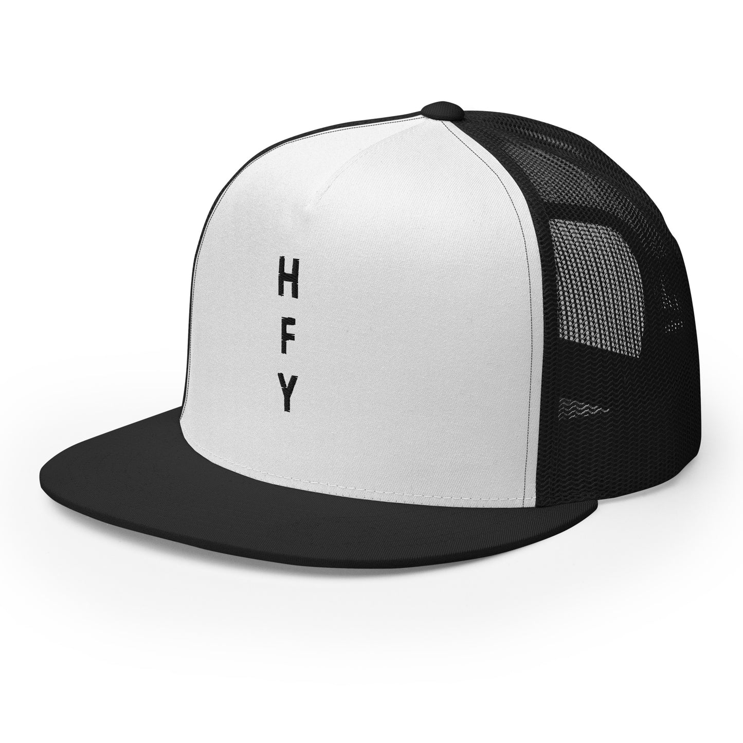 HFY- Black Embroidered on White with Black Trucker Cap