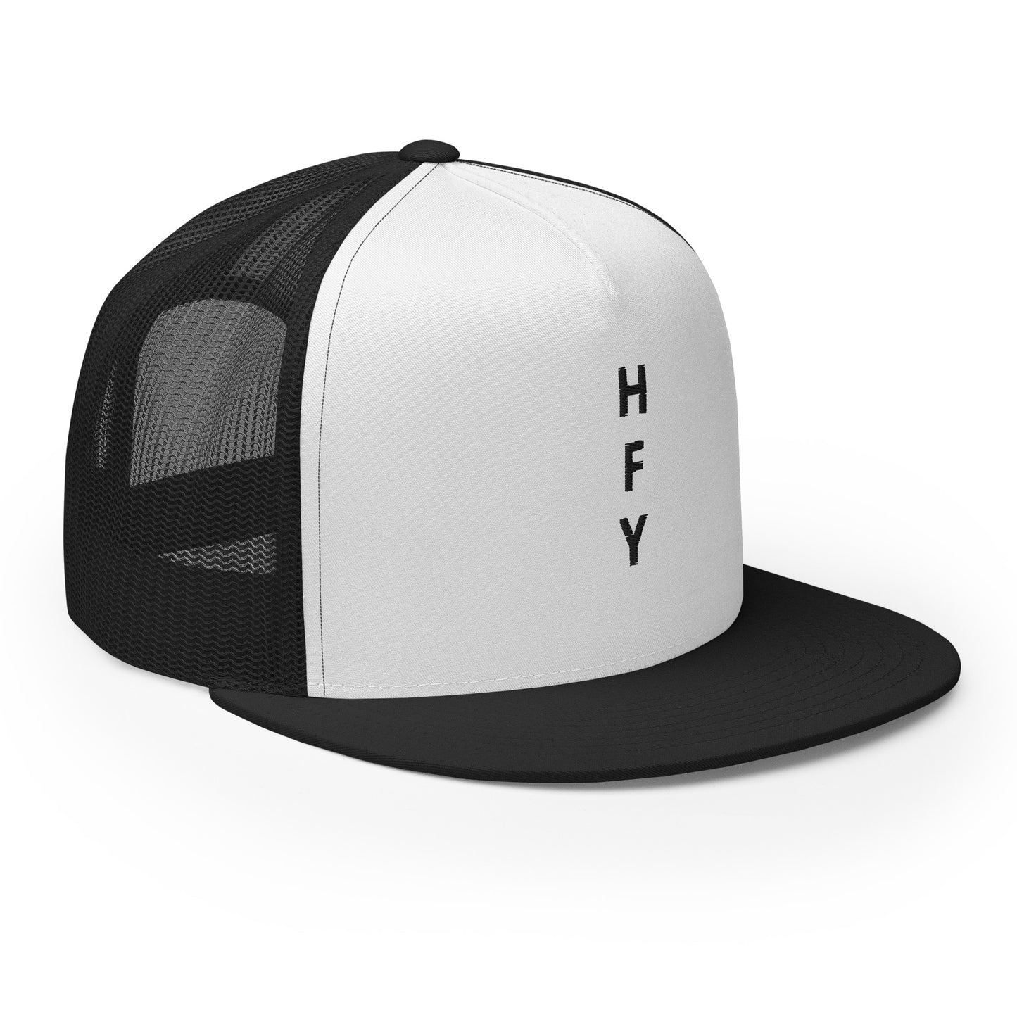 HFY- Black Embroidered on White with Black Trucker Cap