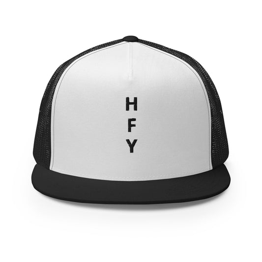 HFY- Black Embroidered on White with Black Trucker Cap