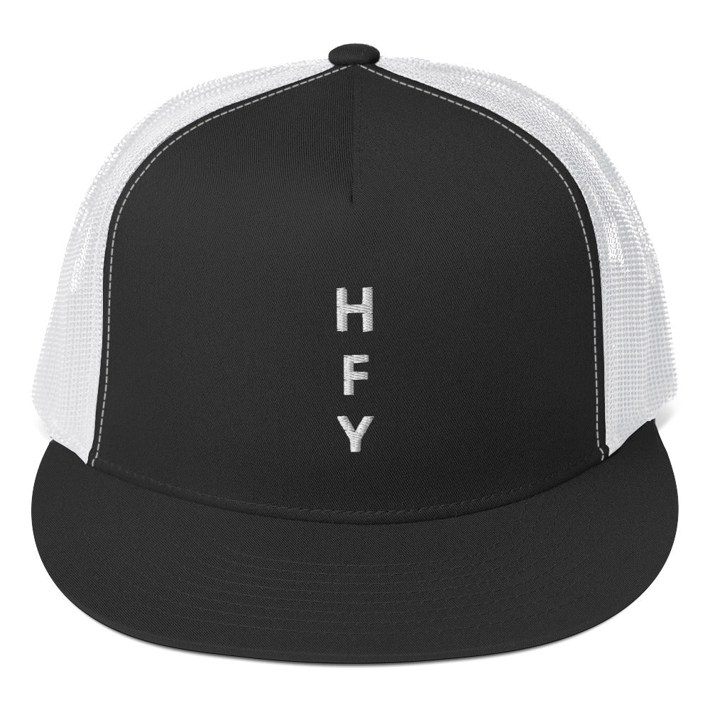 HFY- White Embroidered on Black with white Trucker Cap