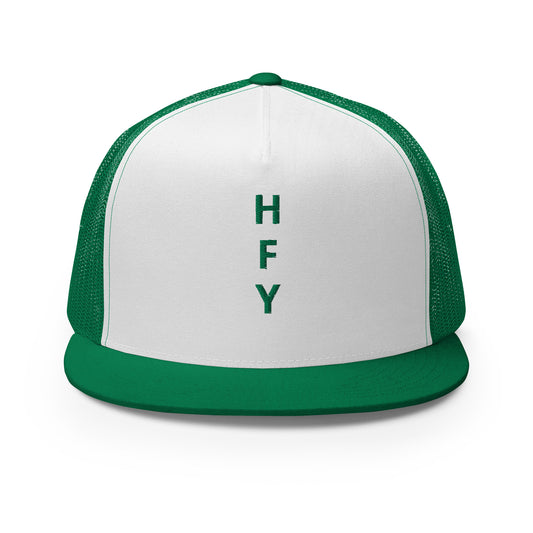 HFY- Kelly Green Embroidered on White with Kelly Green Trucker Cap