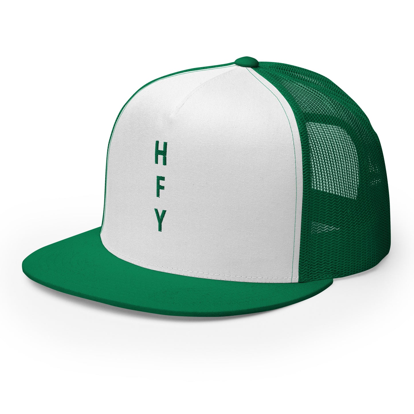 HFY- Kelly Green Embroidered on White with Kelly Green Trucker Cap