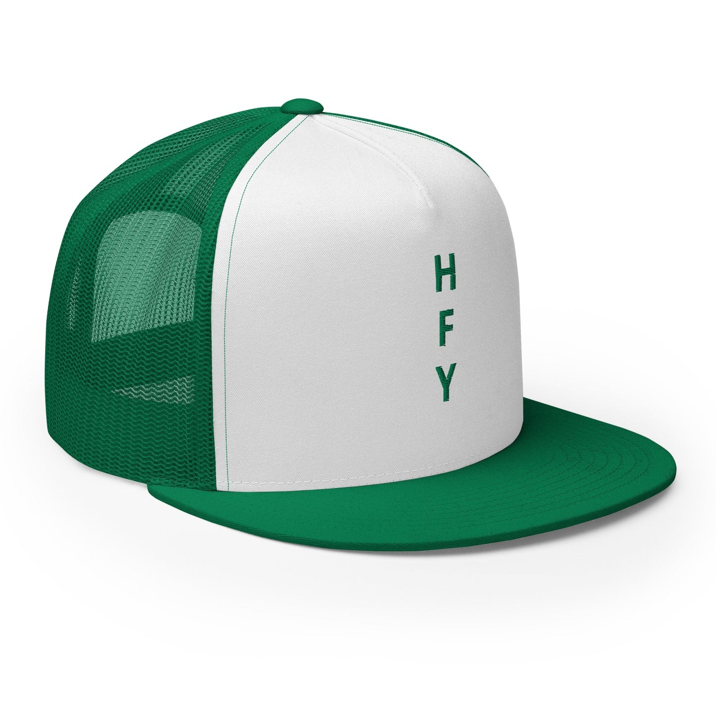 HFY- Kelly Green Embroidered on White with Kelly Green Trucker Cap