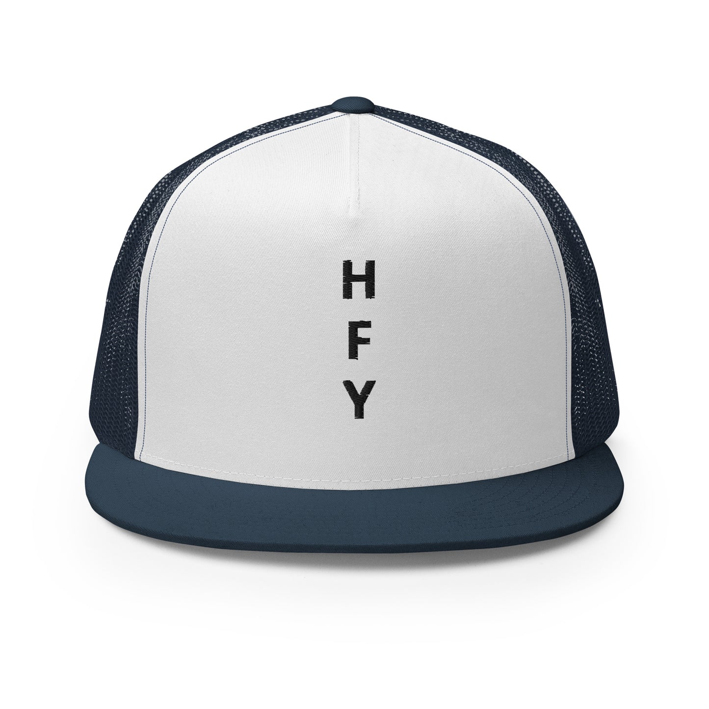 HFY- Navy Blue Embroidered on White with Navy Blue Trucker Cap