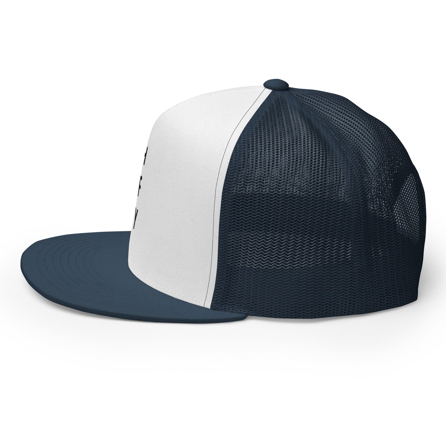 HFY- Navy Blue Embroidered on White with Navy Blue Trucker Cap