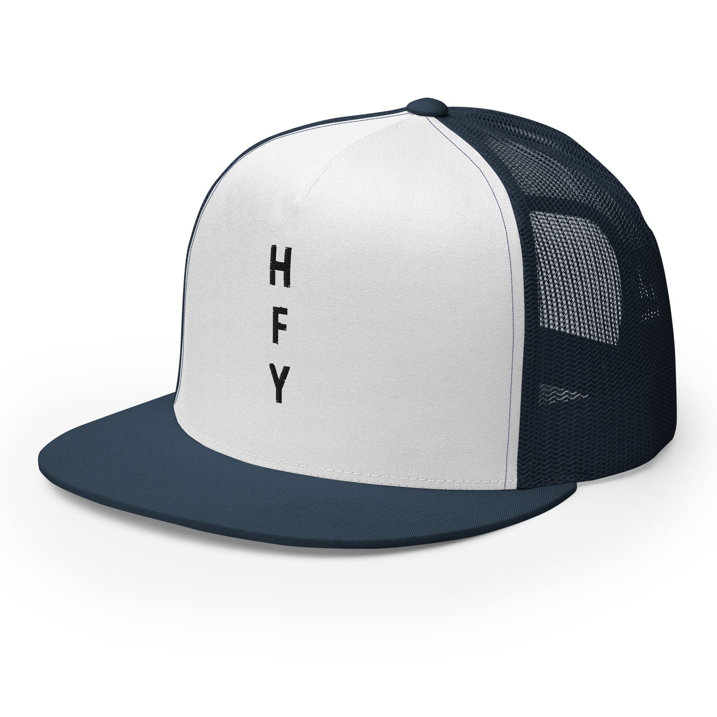 HFY- Navy Blue Embroidered on White with Navy Blue Trucker Cap