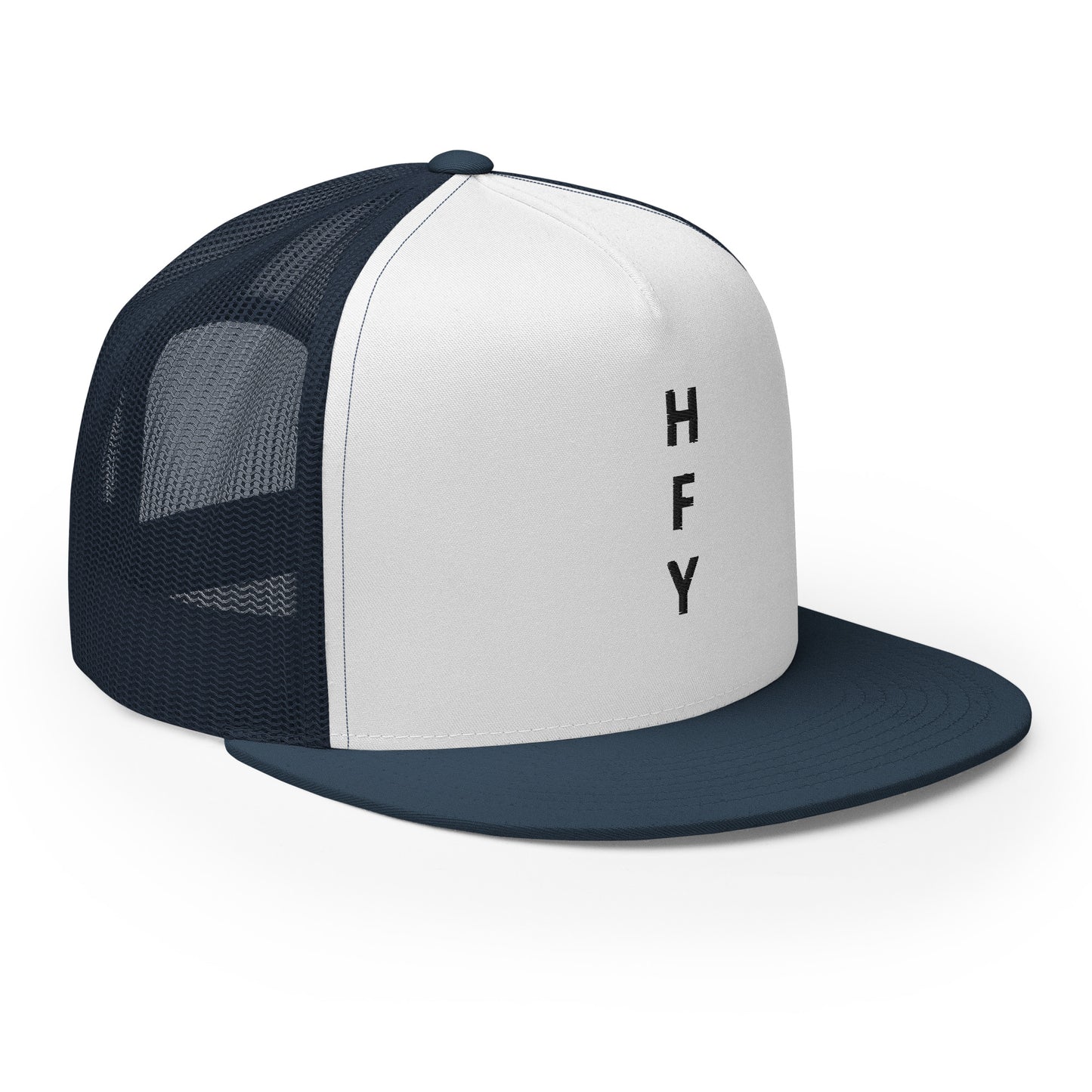 HFY- Navy Blue Embroidered on White with Navy Blue Trucker Cap