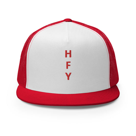 HFY- Red Embroidered on White with Red Trucker Cap