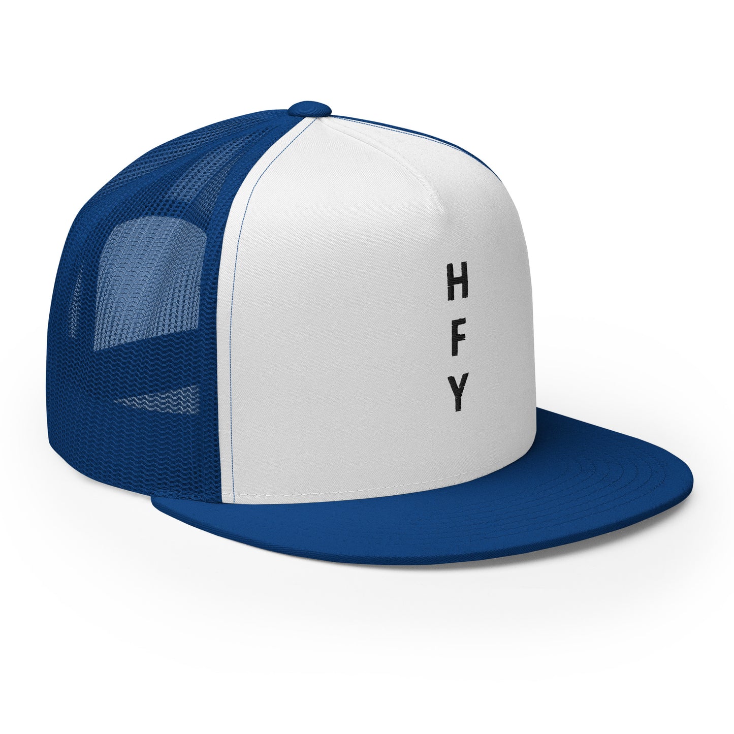 HFY- Royal Blue Embroidered on White with Royal Blue Trucker Cap